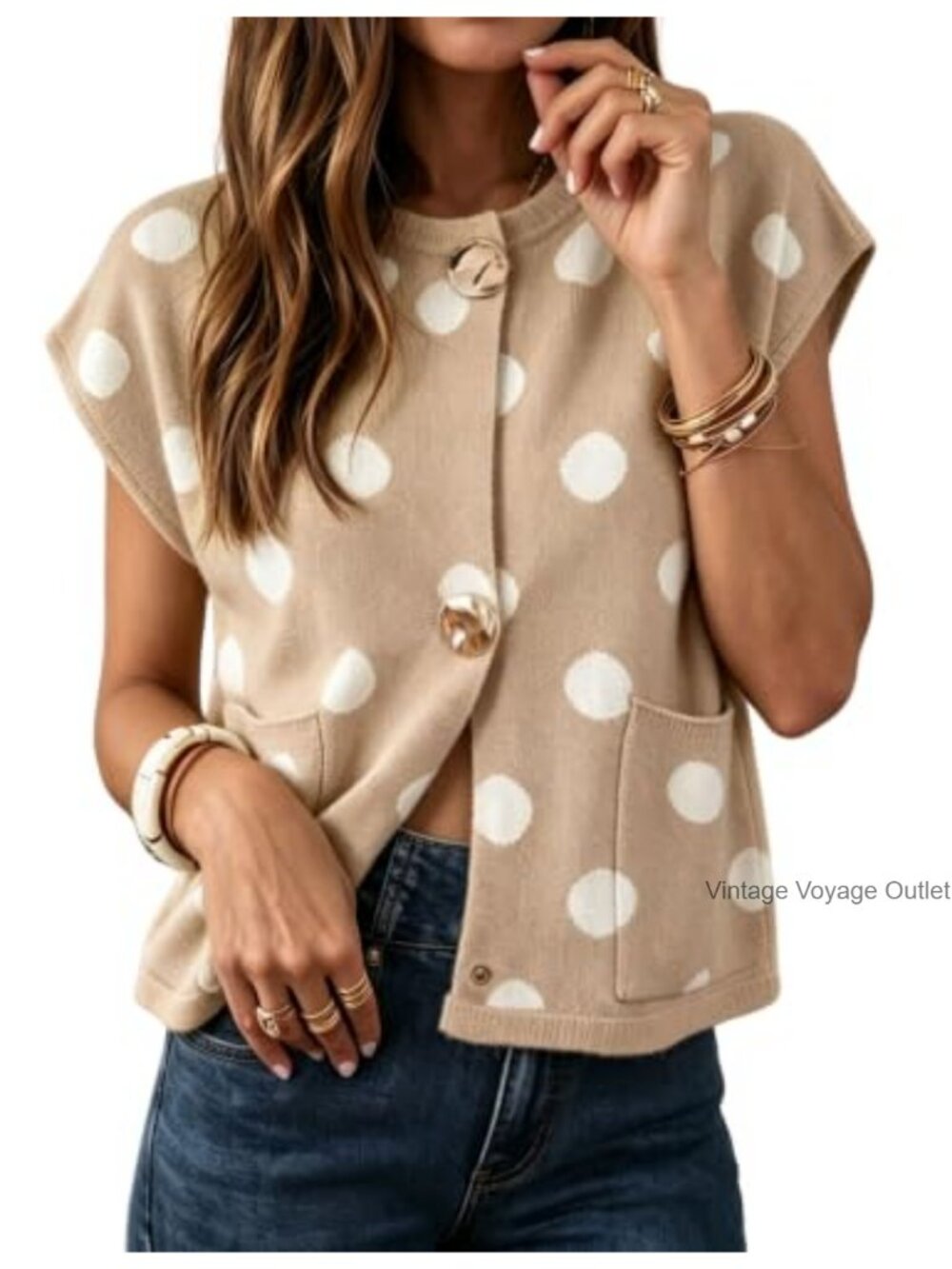 MINSURE Cap Sleeve Polka Dot Cropped Knit Cardigan Sweater